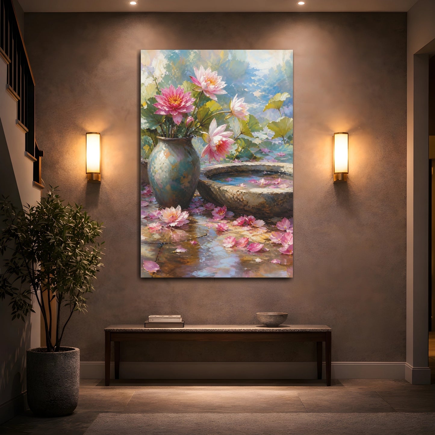 Mockup 2. Floral Lotus Flowers Pink Lotus shown as stretched canvas wall art