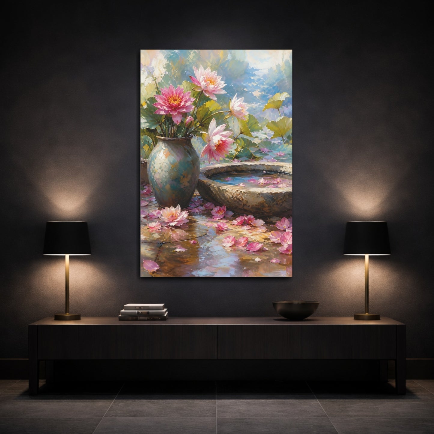 Mockup 3. Floral Lotus Flowers Pink Lotus shown as stretched canvas wall art