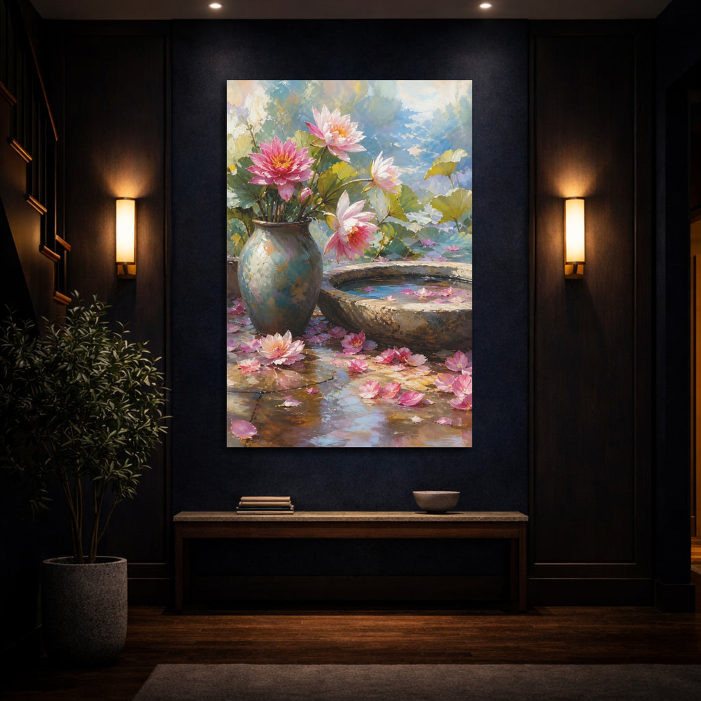 Mockup 4. Floral Lotus Flowers Pink Lotus shown as stretched canvas wall art