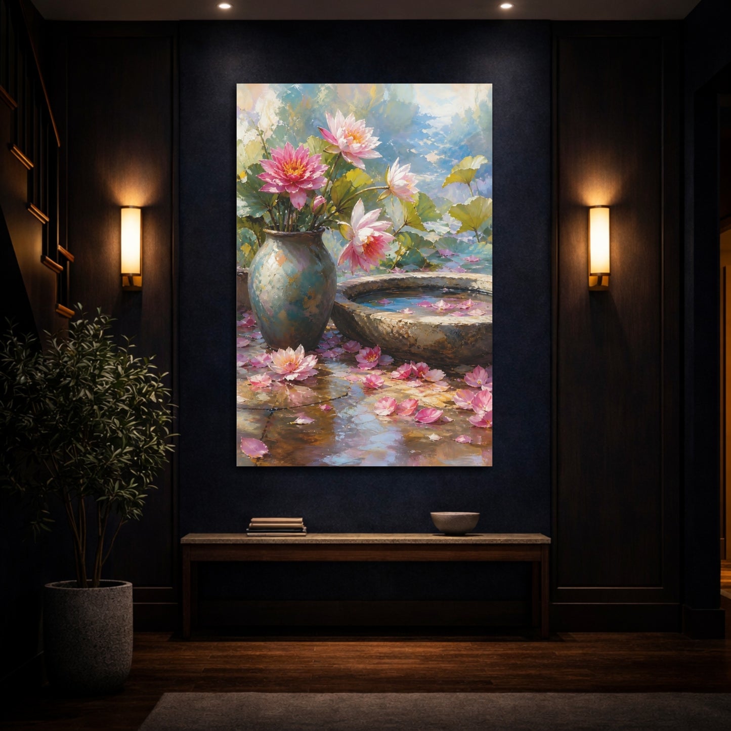 Mockup 4. Floral Lotus Flowers Pink Lotus shown as stretched canvas wall art