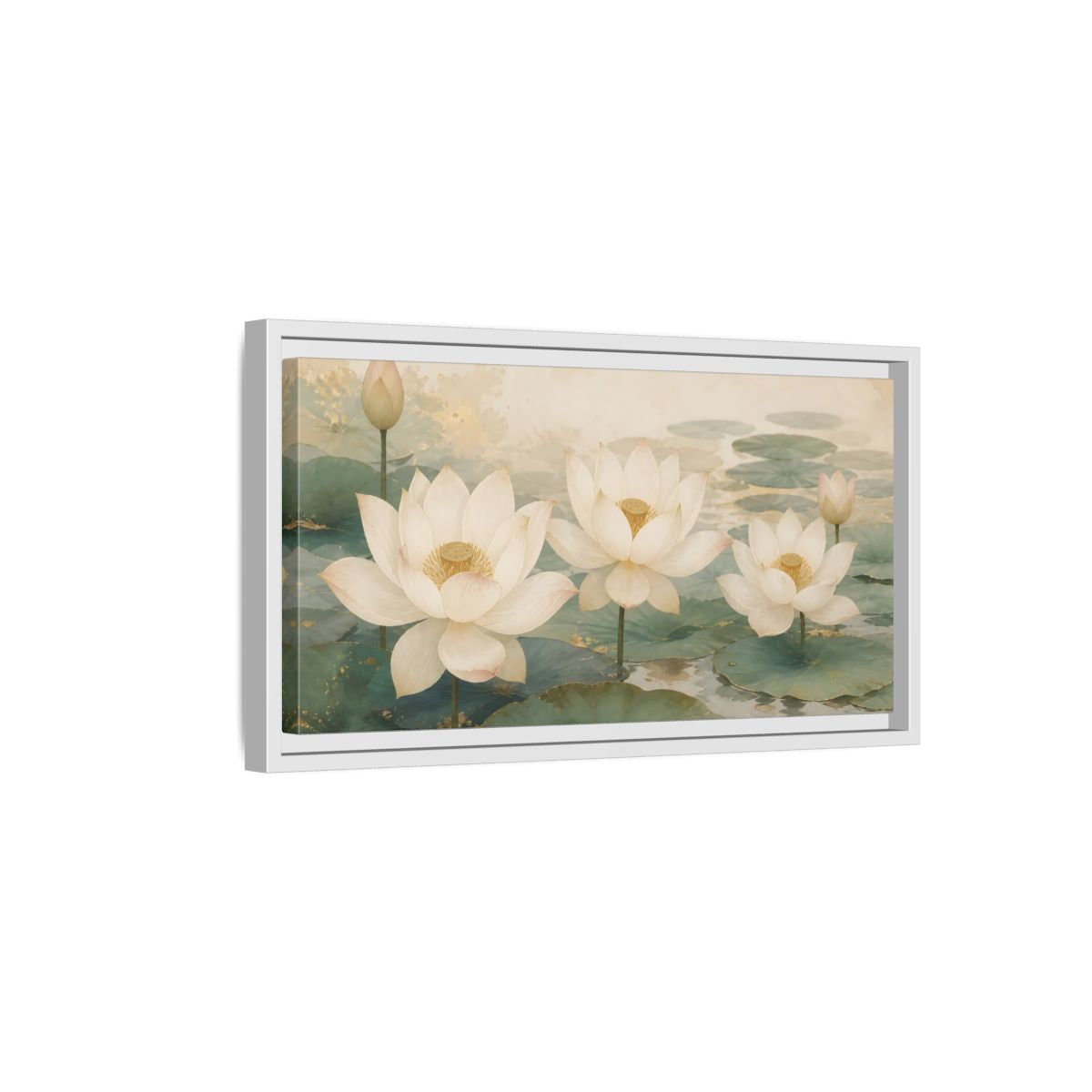 Side Mockup 6. Floral Lotus Flowers White And Green Lotus shown as stretched canvas wall art