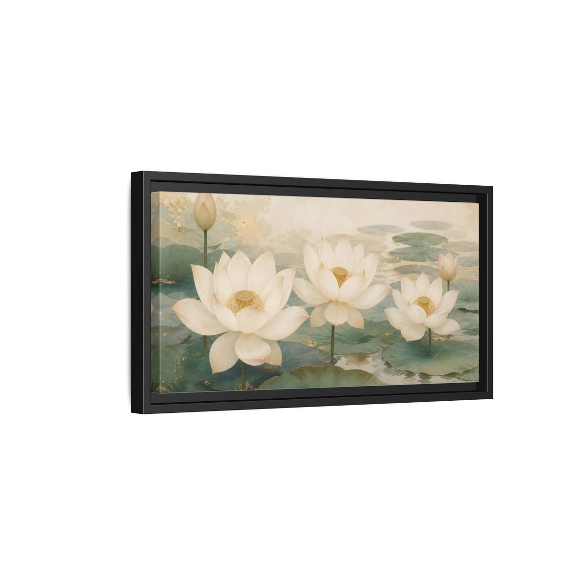 Side Mockup 8. Floral Lotus Flowers White And Green Lotus shown as stretched canvas wall art