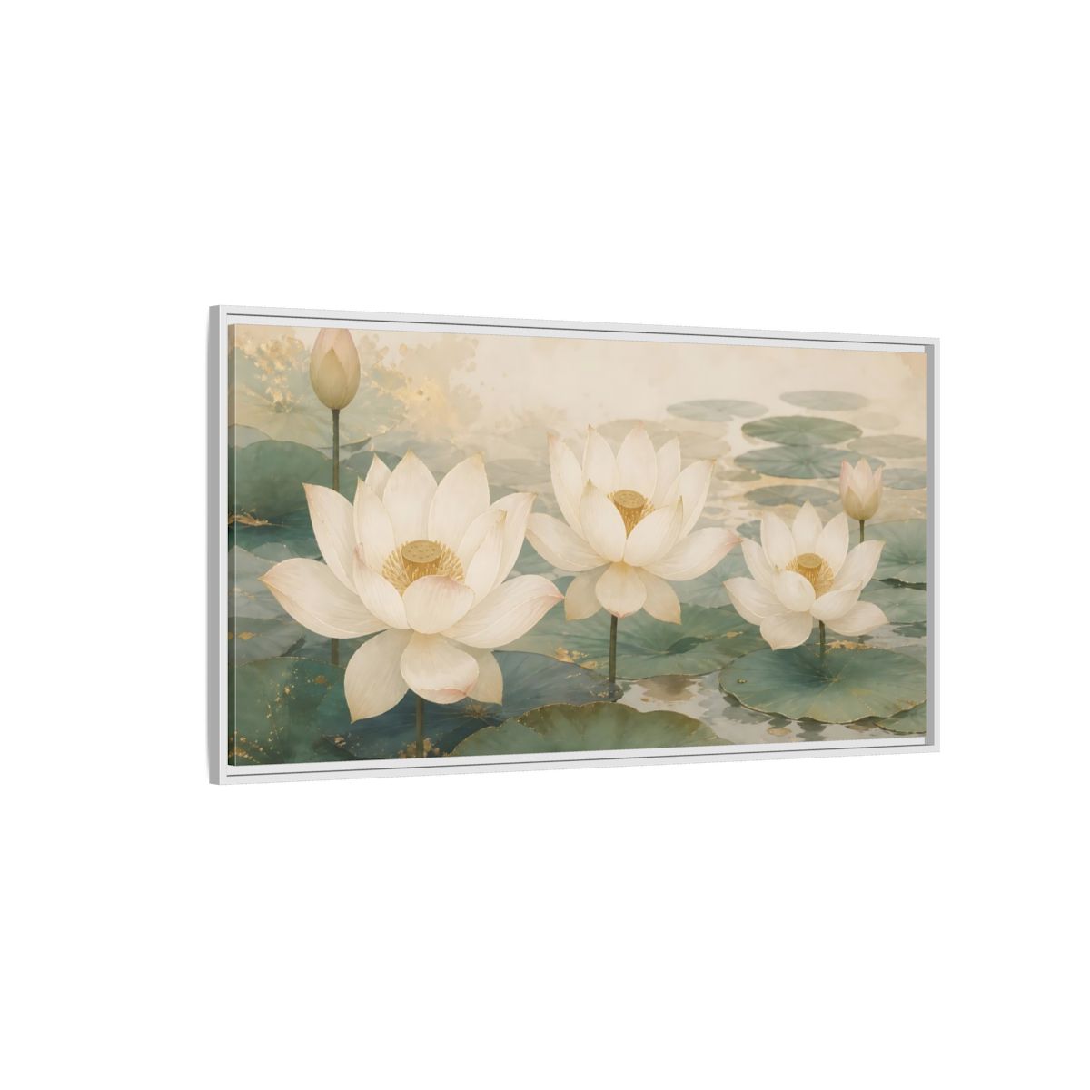 Side Mockup 3. Floral Lotus Flowers White And Green Lotus shown as stretched canvas wall art