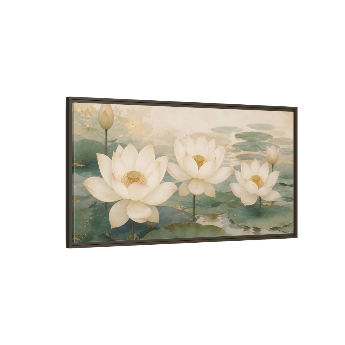 Side Mockup 4. Floral Lotus Flowers White And Green Lotus shown as stretched canvas wall art