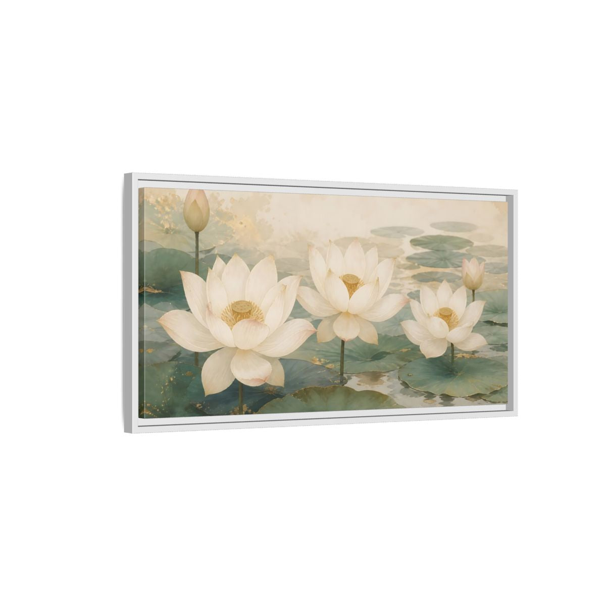 Side Mockup 1. Floral Lotus Flowers White And Green Lotus shown as stretched canvas wall art