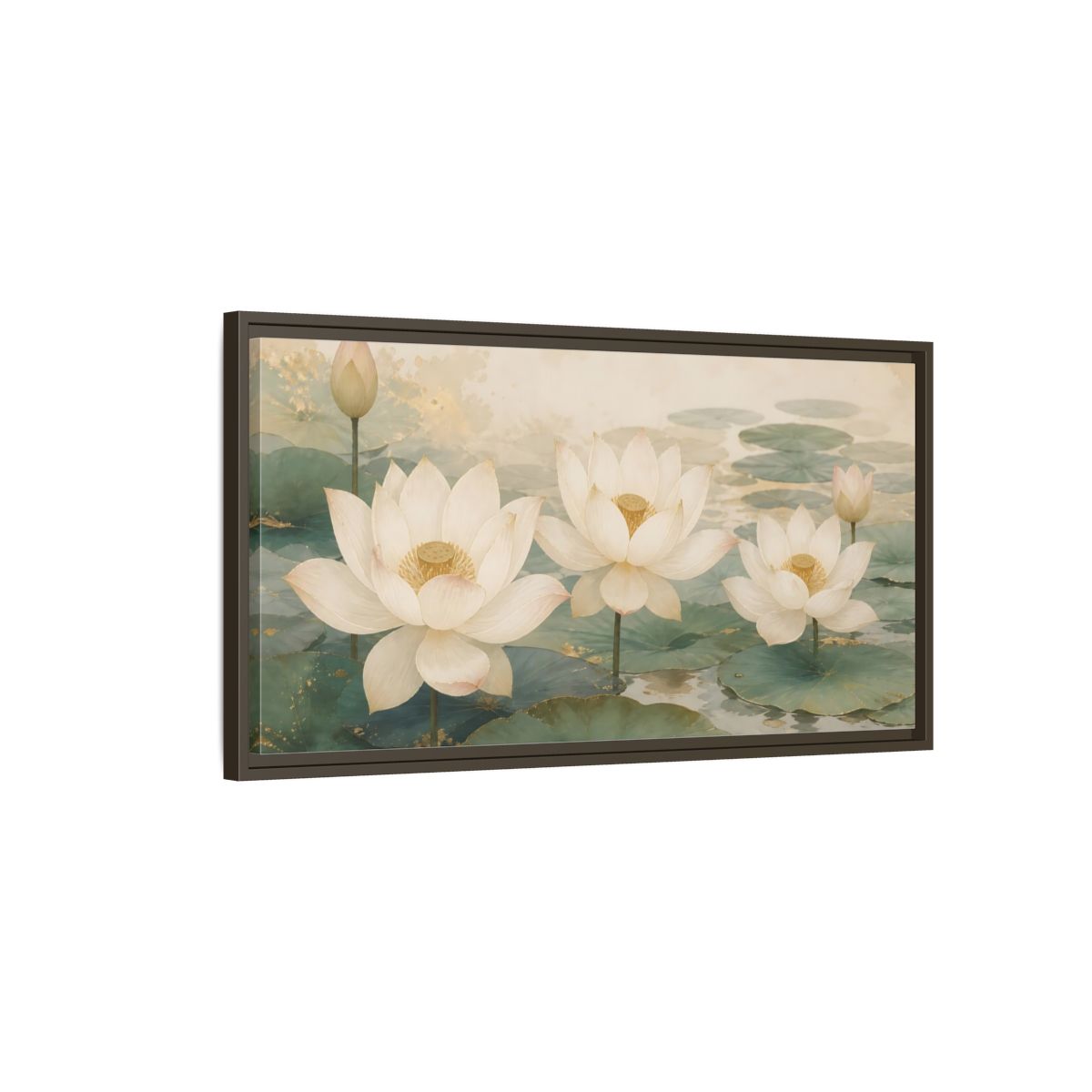 Main Mockup. Floral Lotus Flowers White And Green Lotus shown as stretched canvas wall art