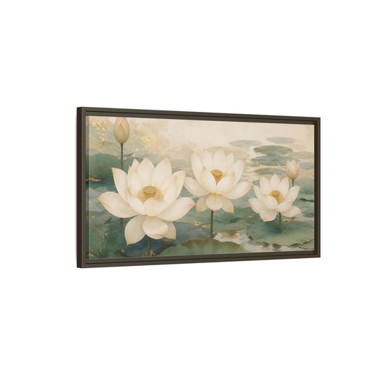 Main Mockup. Floral Lotus Flowers White And Green Lotus shown as stretched canvas wall art
