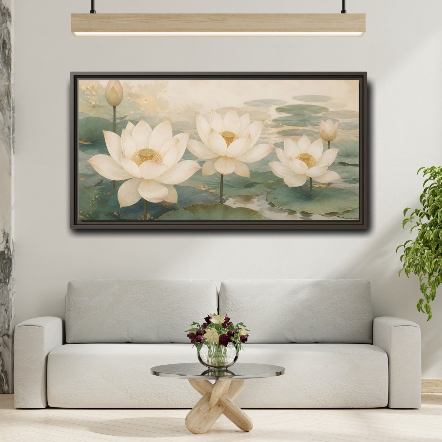 Mockup 2. Floral Lotus Flowers White And Green Lotus shown as stretched canvas wall art