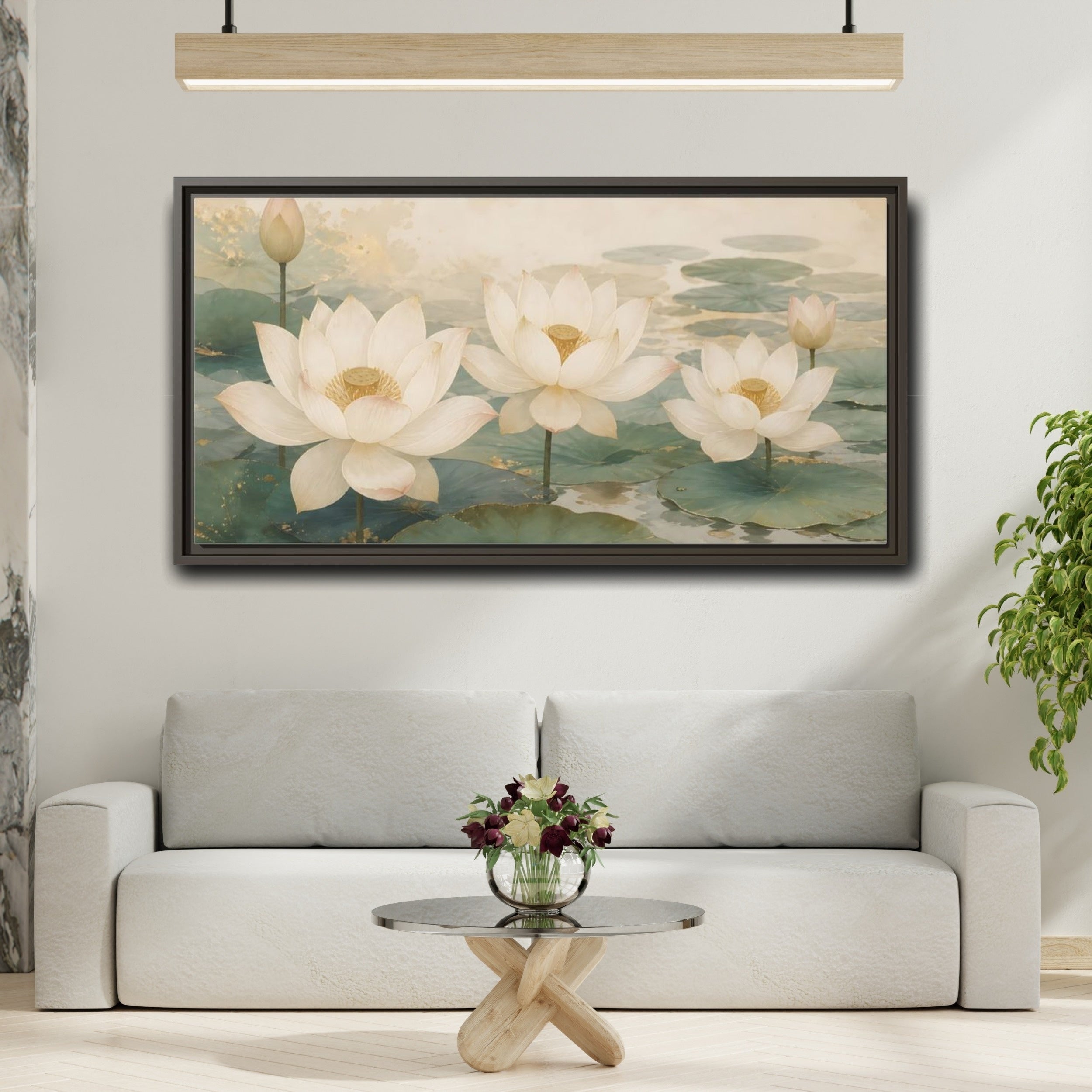 Mockup 2. Floral Lotus Flowers White And Green Lotus shown as stretched canvas wall art