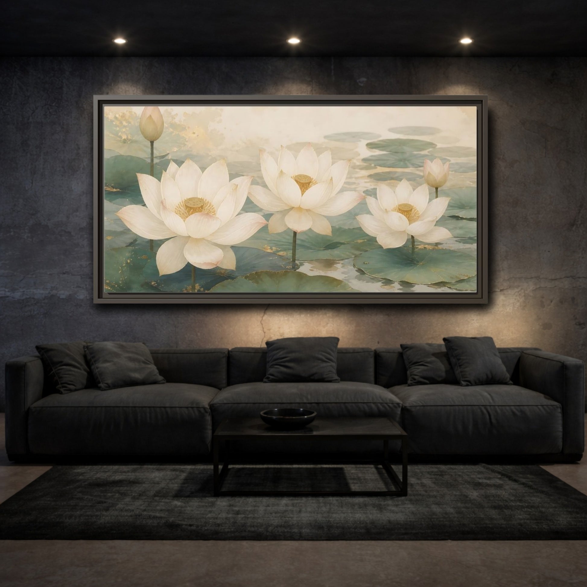 Mockup 3. Floral Lotus Flowers White And Green Lotus shown as stretched canvas wall art