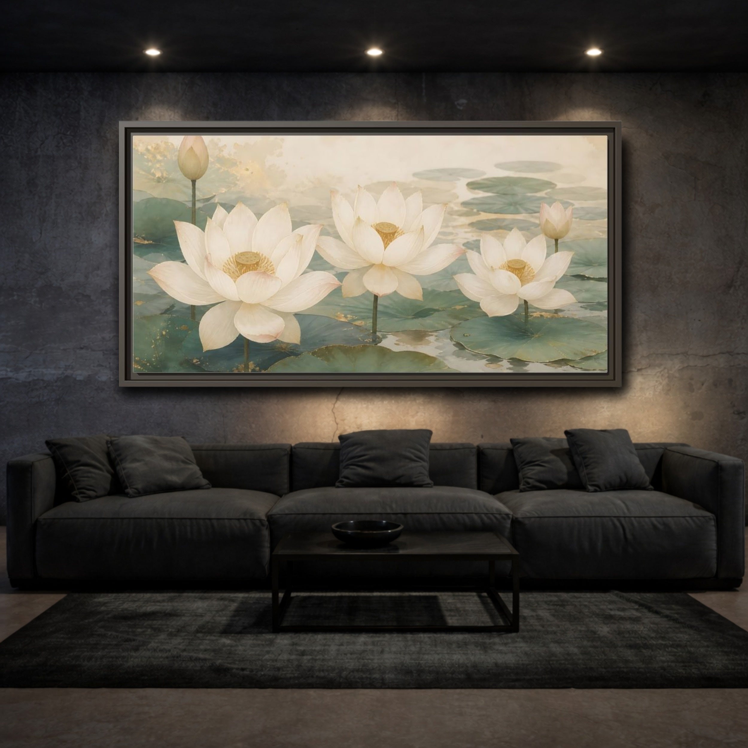 Mockup 3. Floral Lotus Flowers White And Green Lotus shown as stretched canvas wall art