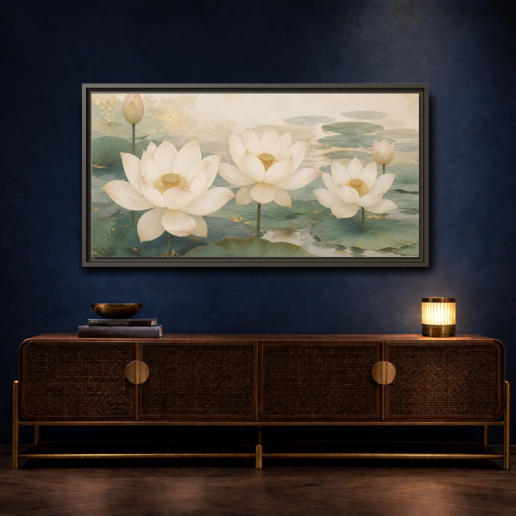 Mockup 4. Floral Lotus Flowers White And Green Lotus shown as stretched canvas wall art
