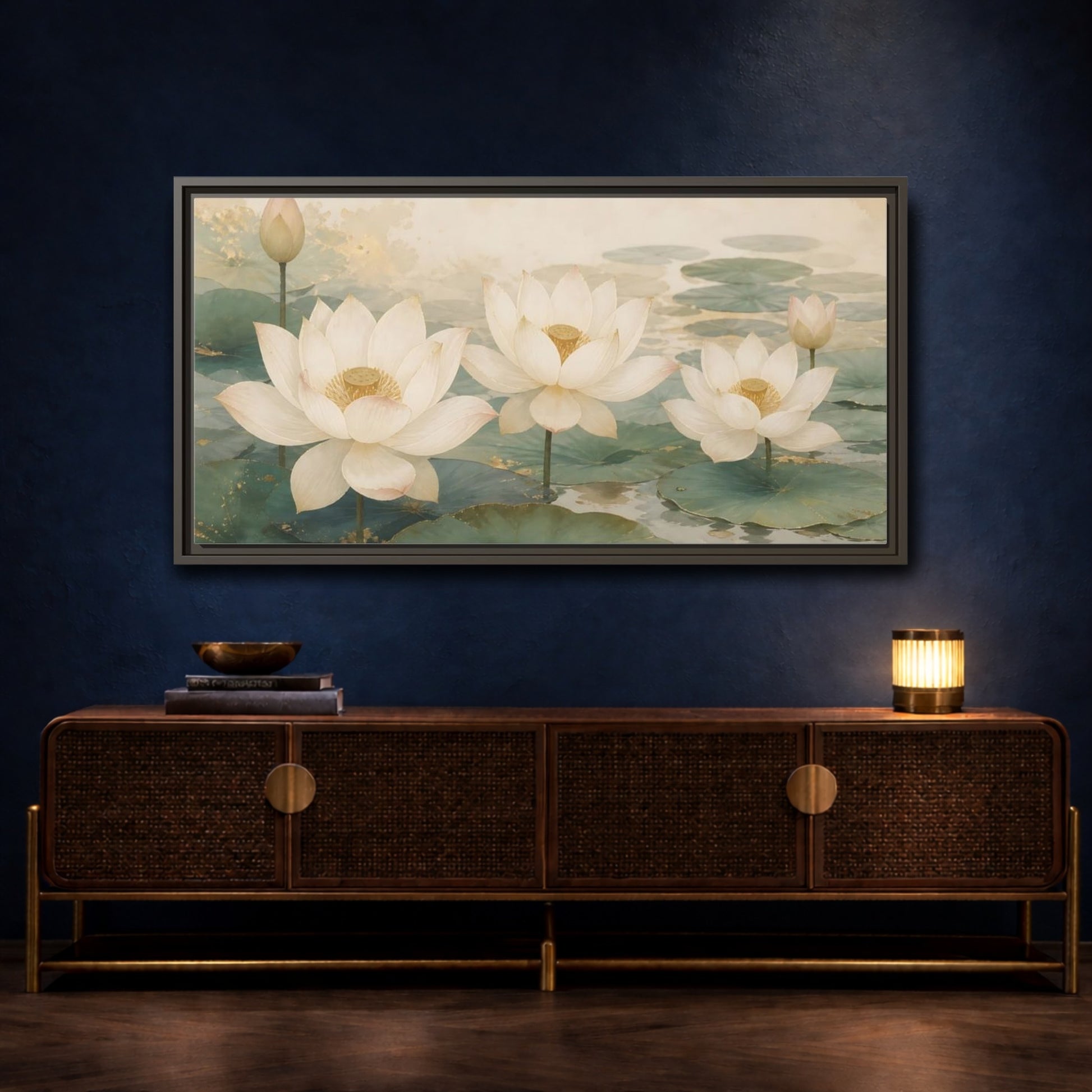 Mockup 4. Floral Lotus Flowers White And Green Lotus shown as stretched canvas wall art