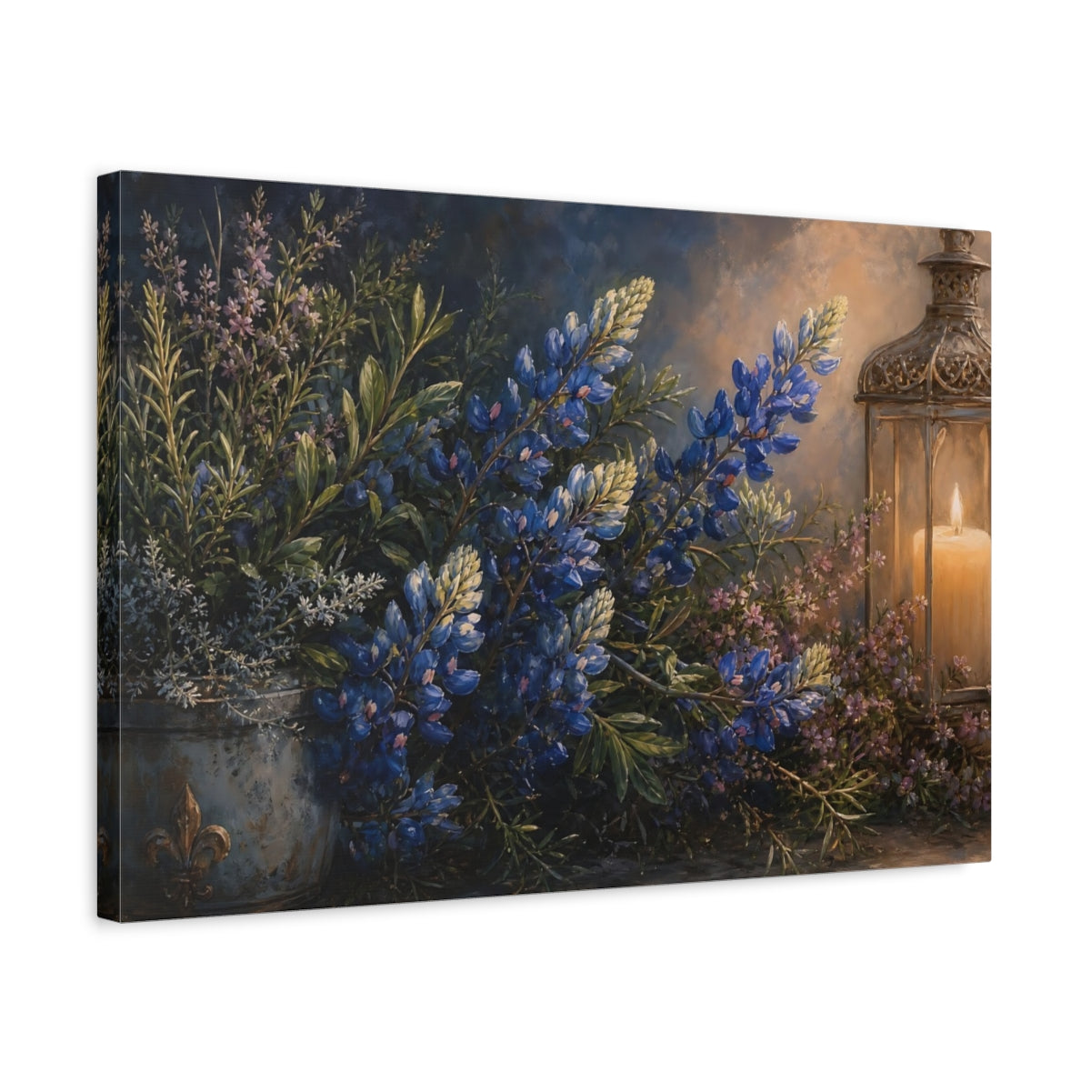 Side Mockup 3. Floral Lupine Flowers Blue And Gold Floral shown as stretched canvas wall art
