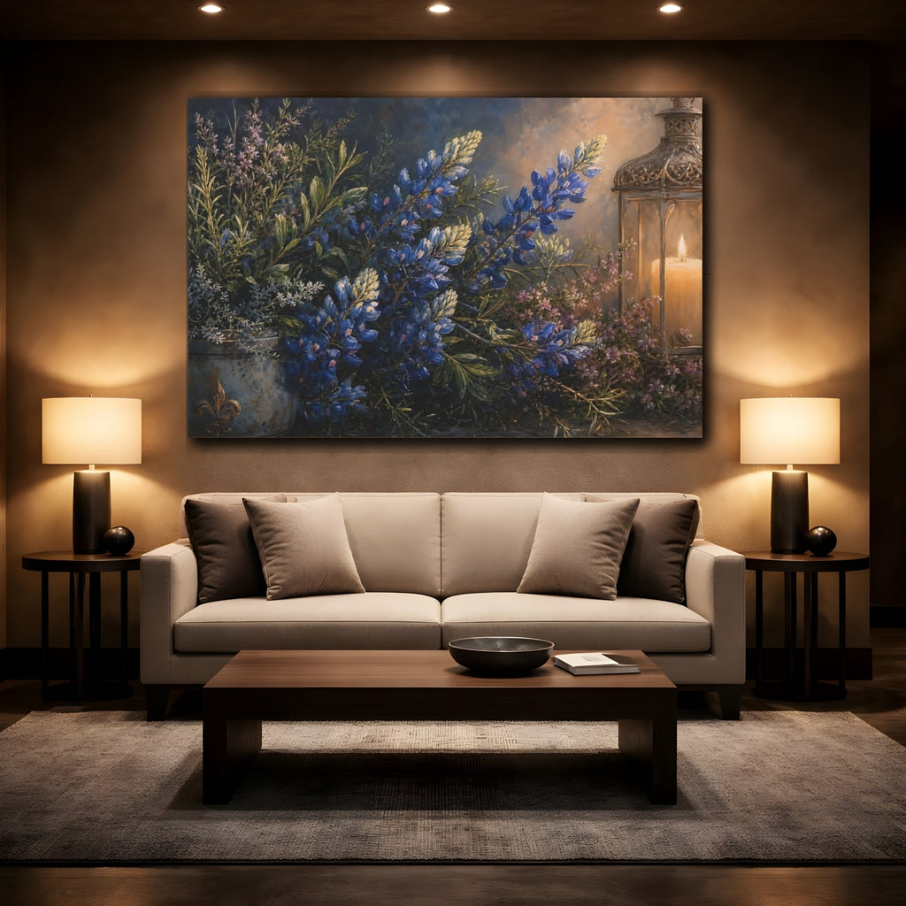 Mockup 2. Floral Lupine Flowers Blue And Gold Floral shown as stretched canvas wall art
