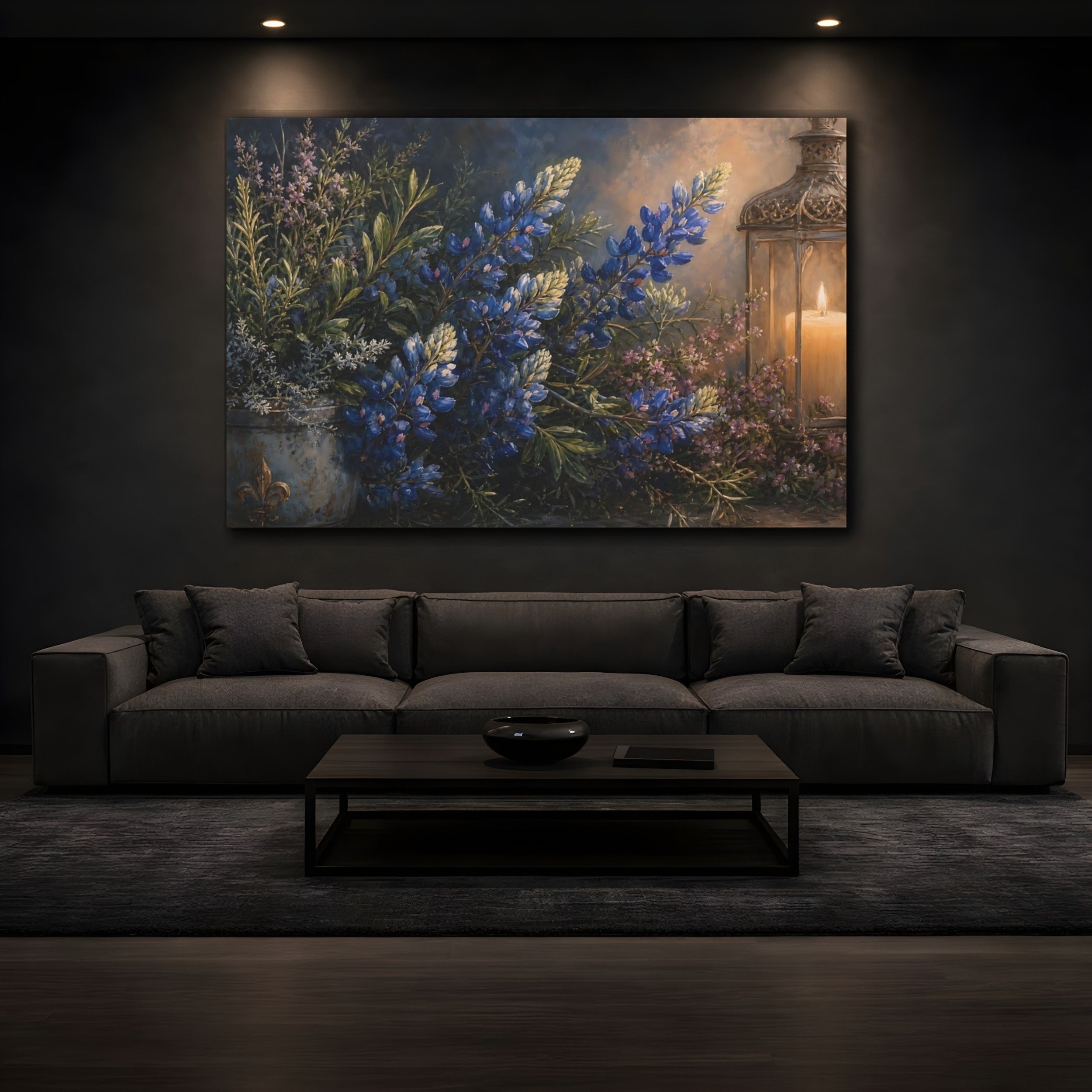 Mockup 3. Floral Lupine Flowers Blue And Gold Floral shown as stretched canvas wall art
