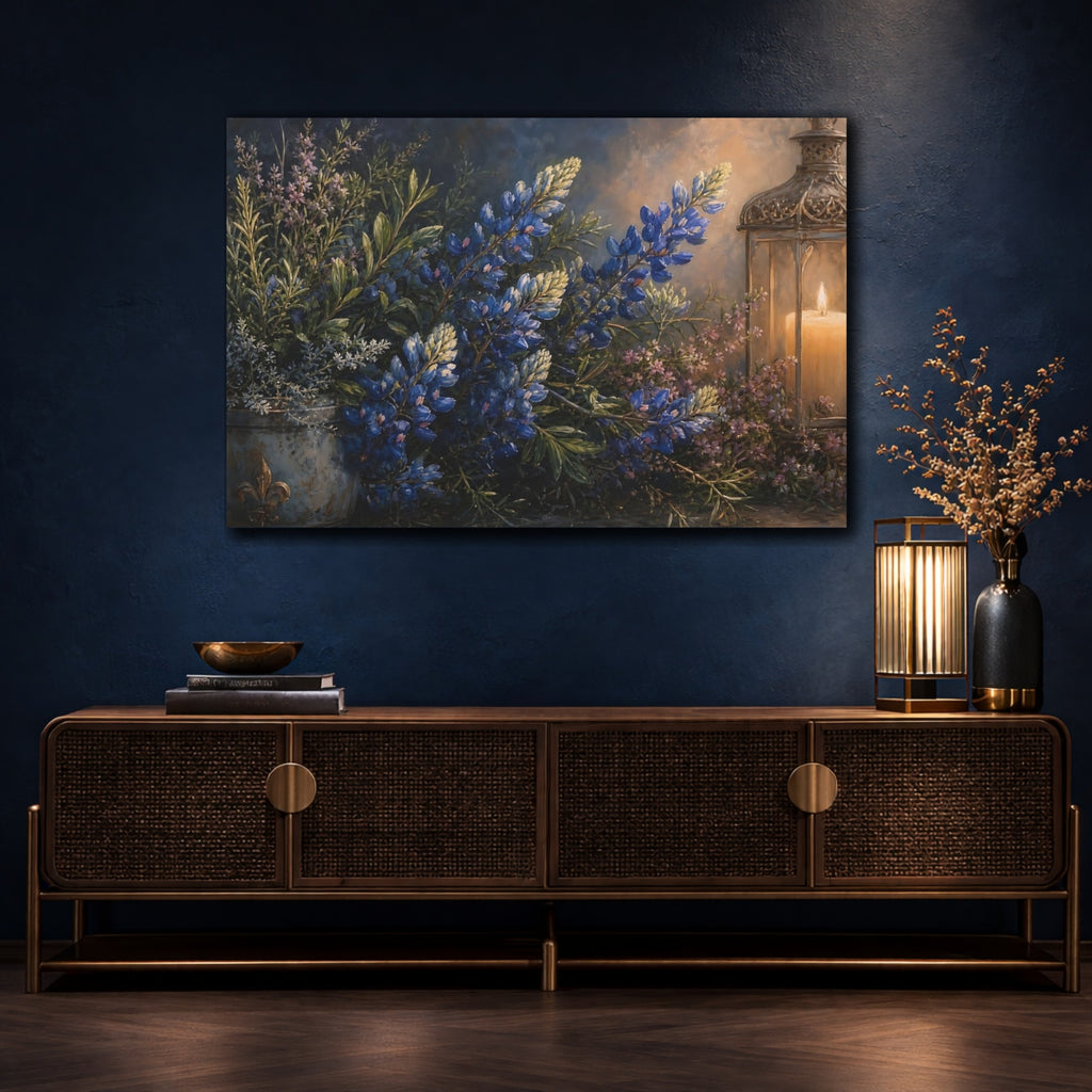 Mockup 4. Floral Lupine Flowers Blue And Gold Floral shown as stretched canvas wall art