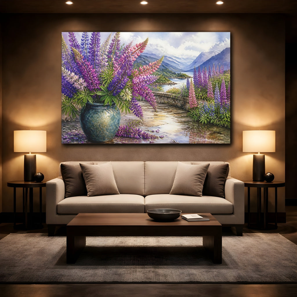 Mockup 2. Floral Lupine Flowers Purple Floral Landscape shown as stretched canvas wall art