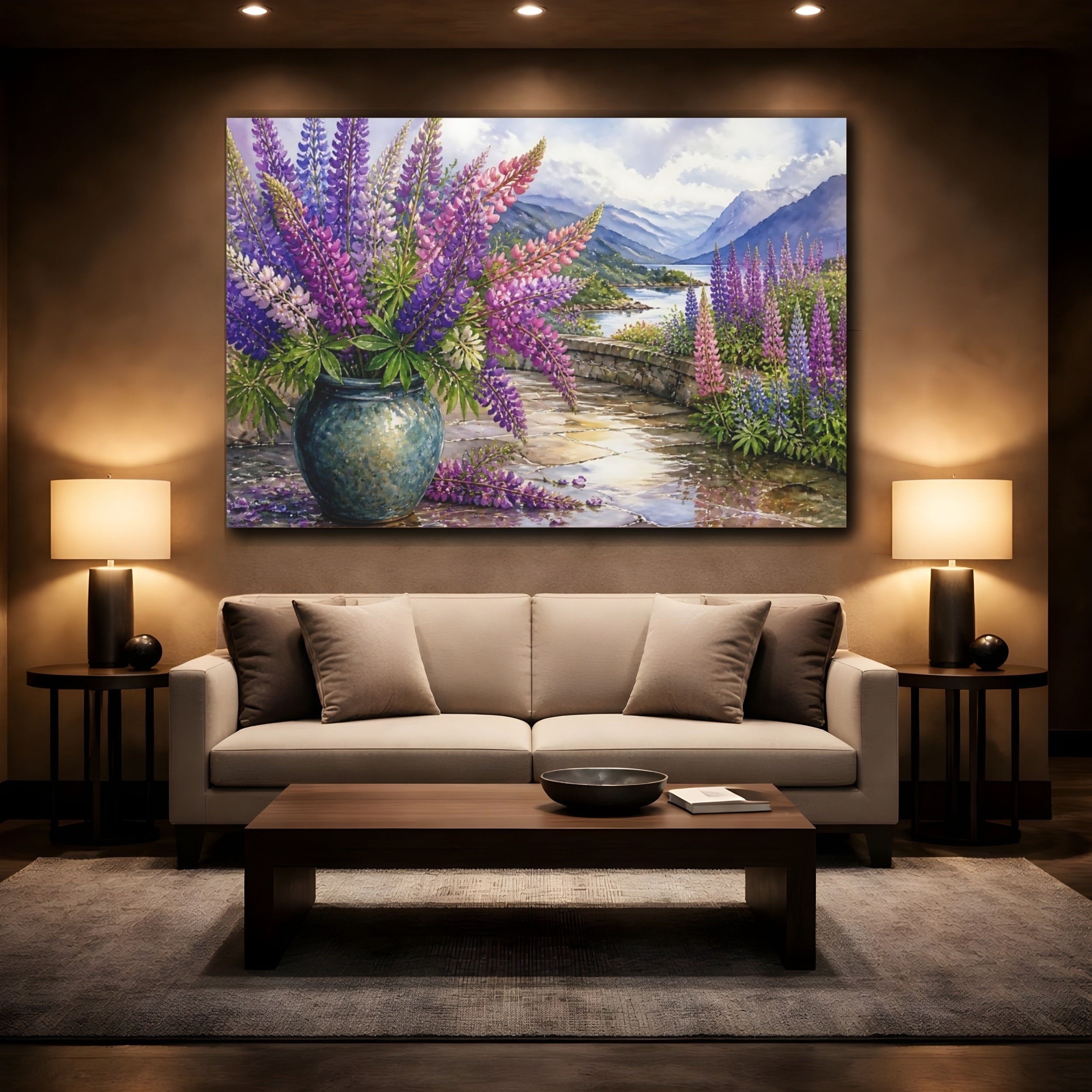 Mockup 2. Floral Lupine Flowers Purple Floral Landscape shown as stretched canvas wall art