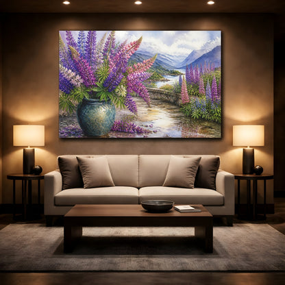 Mockup 2. Floral Lupine Flowers Purple Floral Landscape shown as stretched canvas wall art