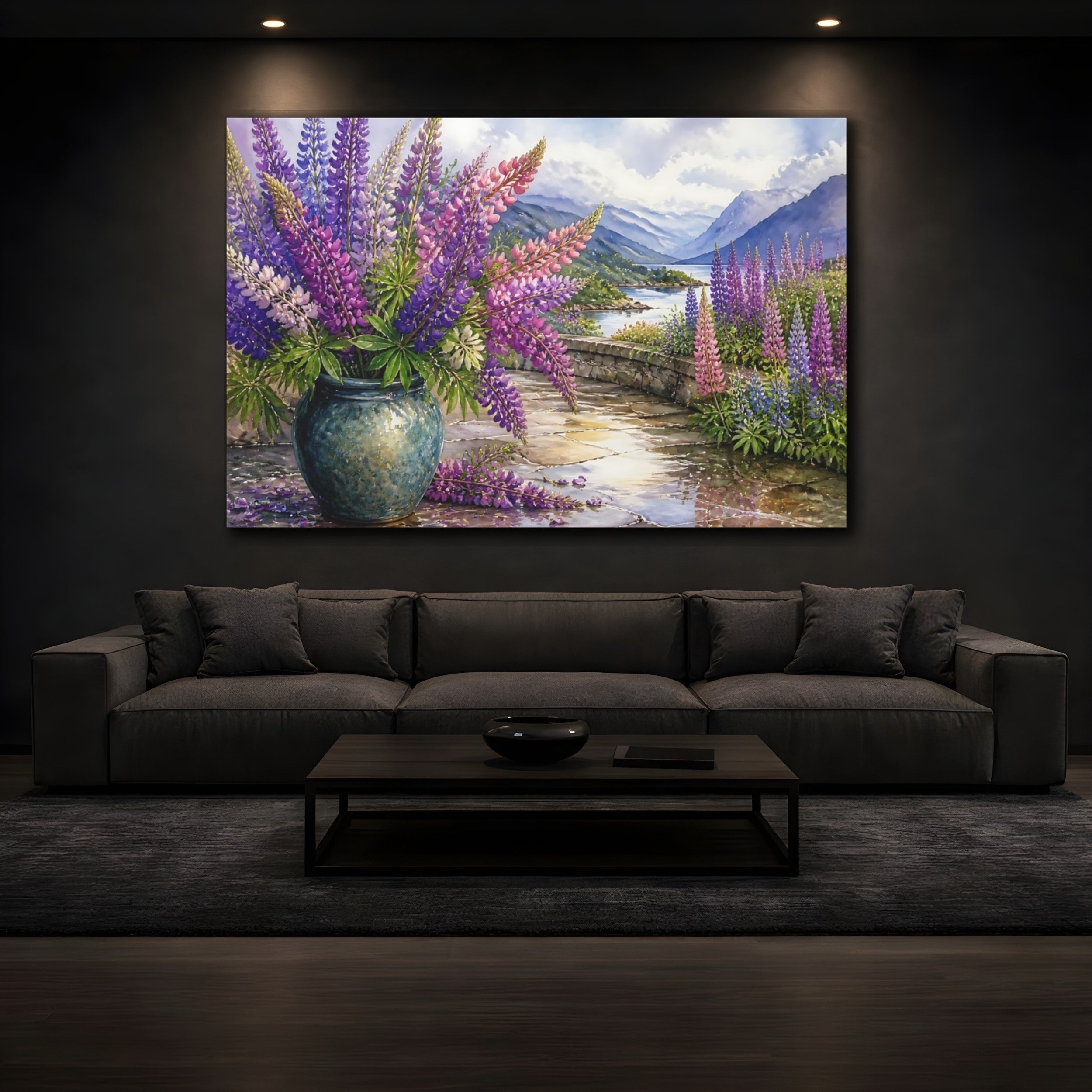 Mockup 3. Floral Lupine Flowers Purple Floral Landscape shown as stretched canvas wall art