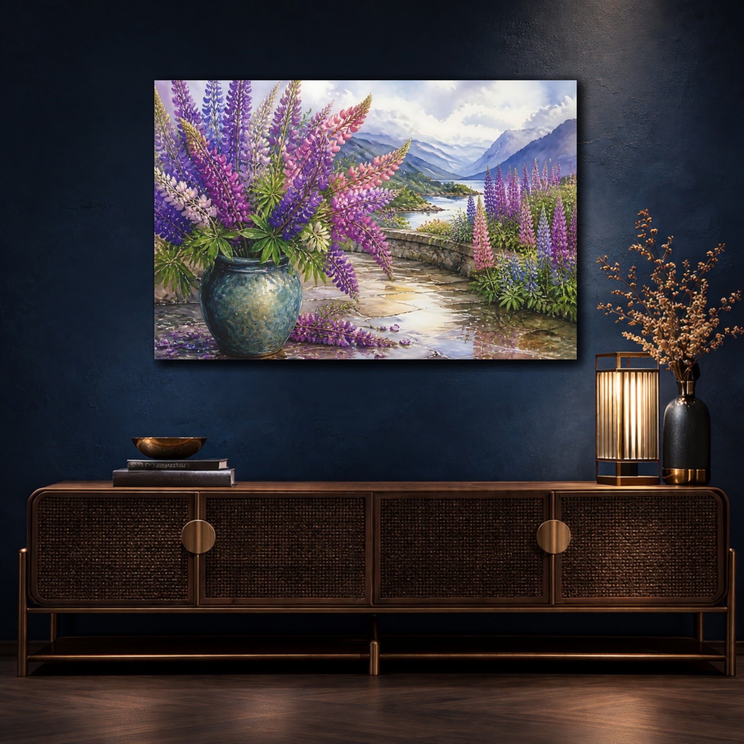 Mockup 4. Floral Lupine Flowers Purple Floral Landscape shown as stretched canvas wall art