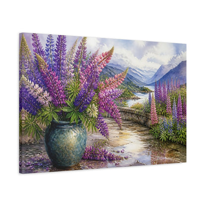 Side Mockup 2. Floral Lupine Flowers Purple Floral Landscape shown as stretched canvas wall art