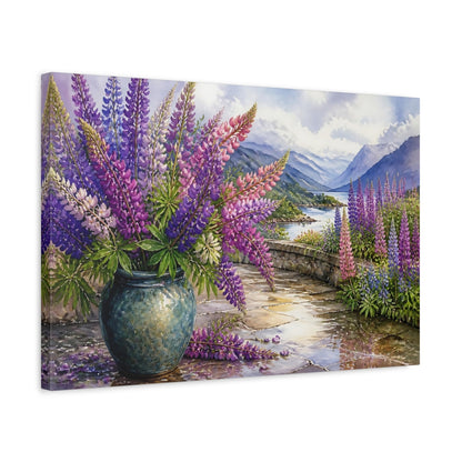 Side Mockup 3. Floral Lupine Flowers Purple Floral Landscape shown as stretched canvas wall art