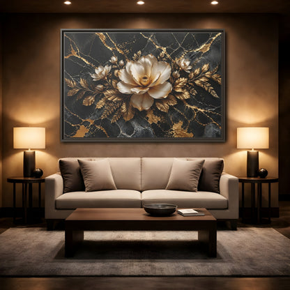 Mockup 2. Floral Magnolia Flower Black And Gold Floral shown as stretched canvas wall art