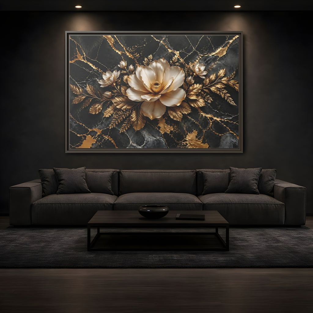 Mockup 3. Floral Magnolia Flower Black And Gold Floral shown as stretched canvas wall art