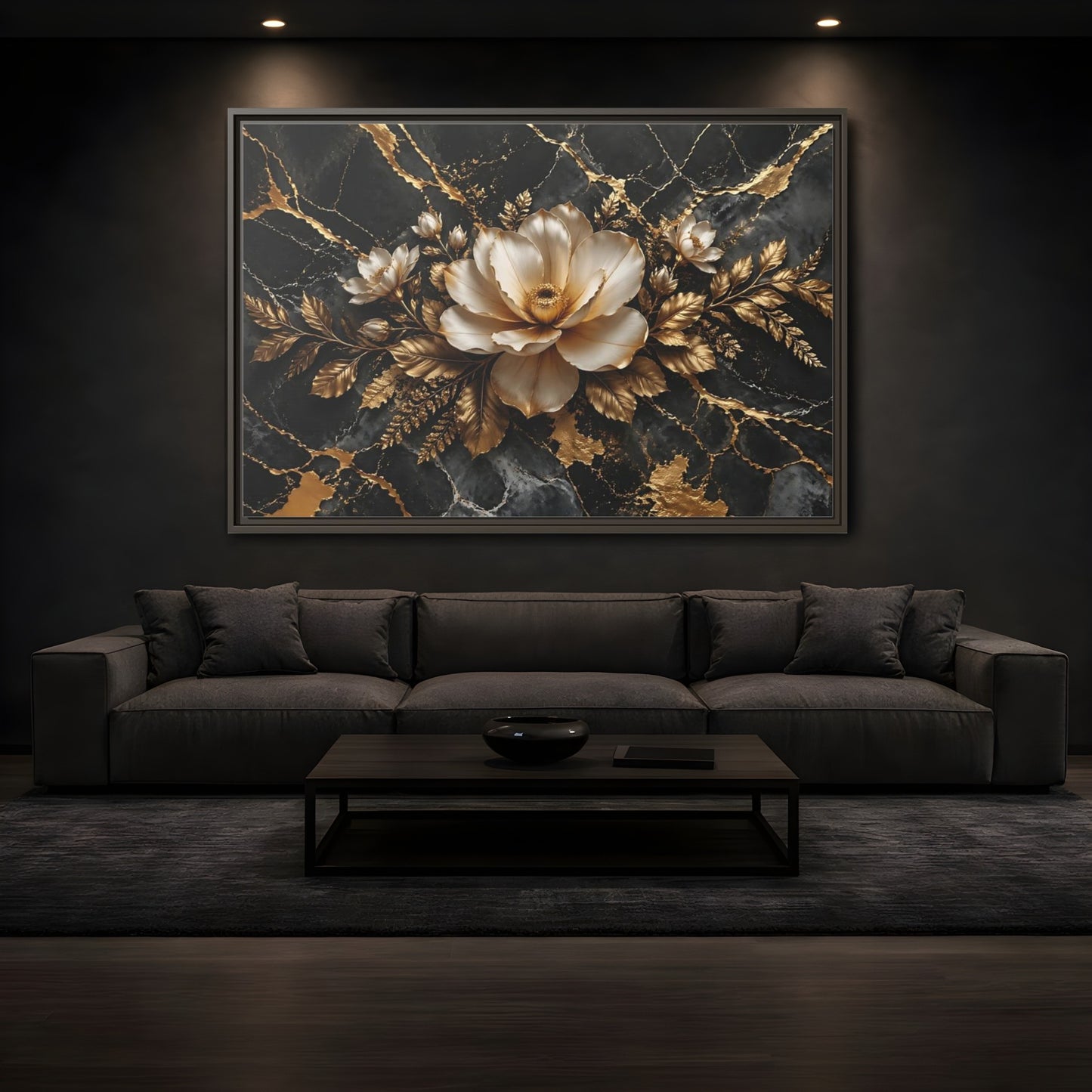 Mockup 3. Floral Magnolia Flower Black And Gold Floral shown as stretched canvas wall art