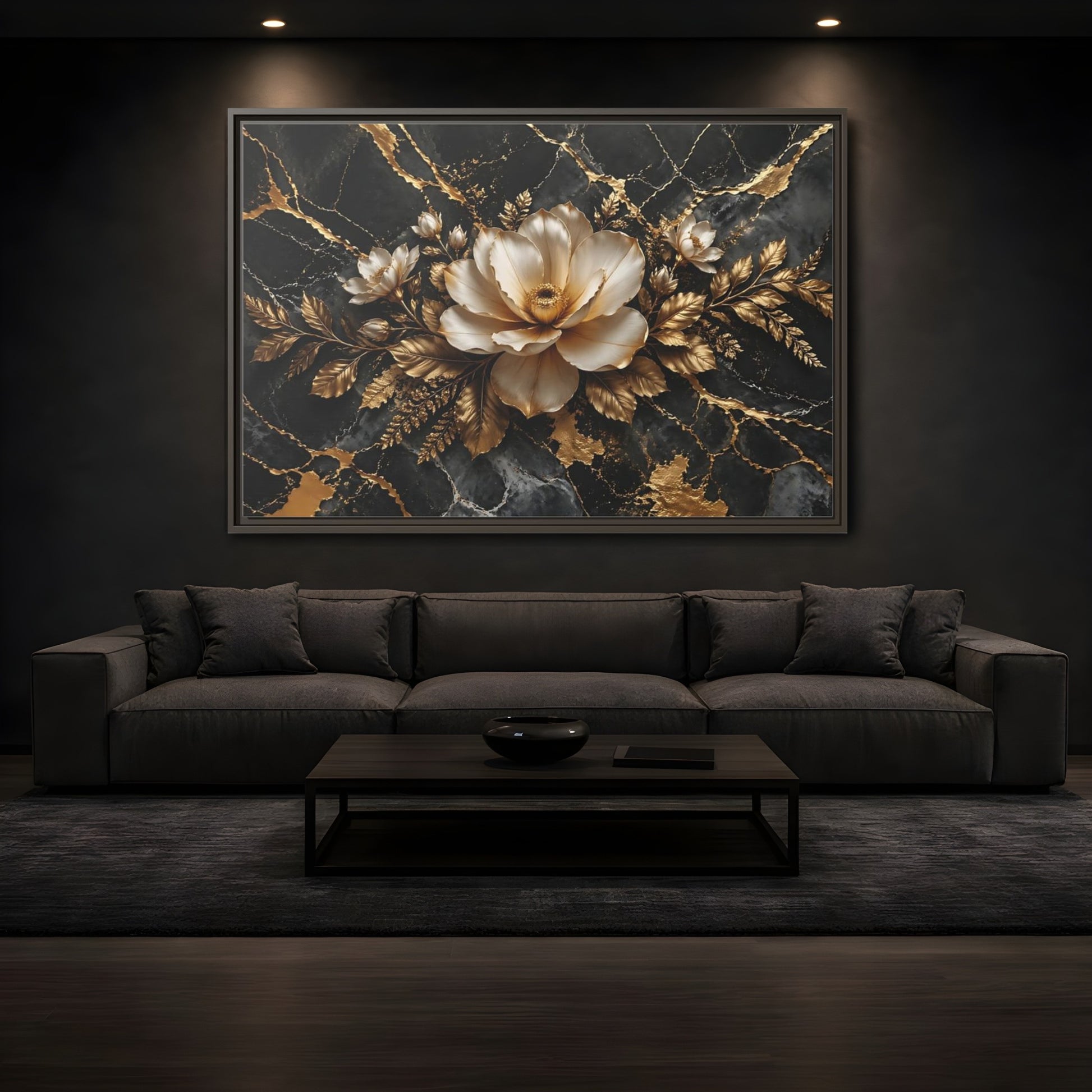 Mockup 3. Floral Magnolia Flower Black And Gold Floral shown as stretched canvas wall art