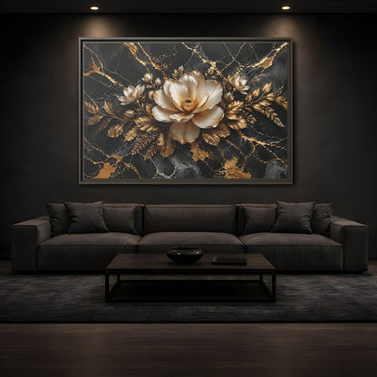 Mockup 3. Floral Magnolia Flower Black And Gold Floral shown as stretched canvas wall art