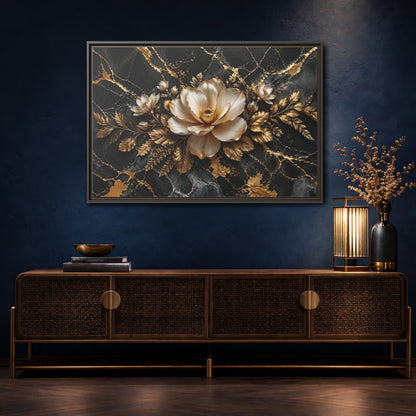 Mockup 4. Floral Magnolia Flower Black And Gold Floral shown as stretched canvas wall art