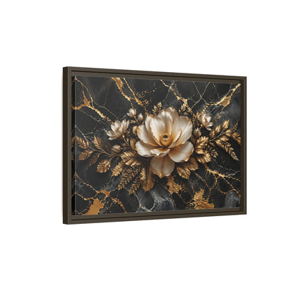 Side Mockup 2. Floral Magnolia Flower Black And Gold Floral shown as stretched canvas wall art