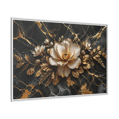 Side Mockup 7. Floral Magnolia Flower Black And Gold Floral shown as stretched canvas wall art