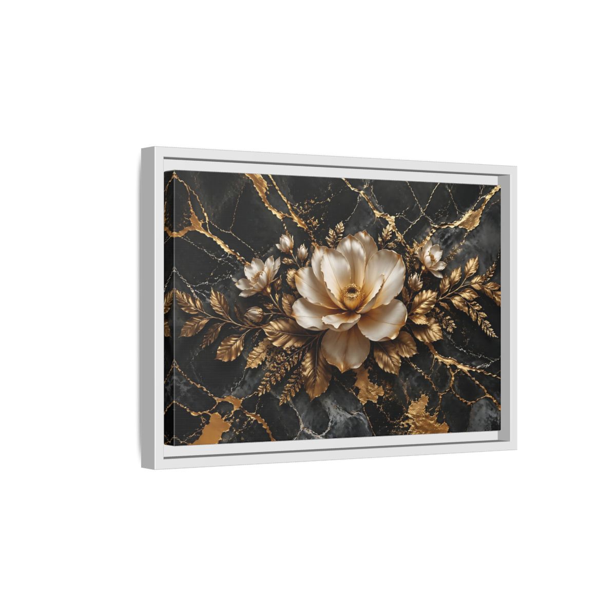 Side Mockup 4. Floral Magnolia Flower Black And Gold Floral shown as stretched canvas wall art