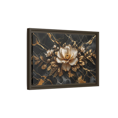Side Mockup 5. Floral Magnolia Flower Black And Gold Floral shown as stretched canvas wall art