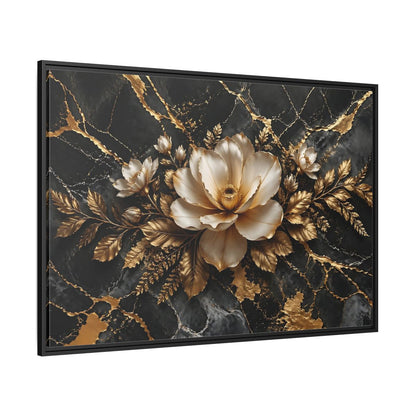 Side Mockup 12. Floral Magnolia Flower Black And Gold Floral shown as stretched canvas wall art
