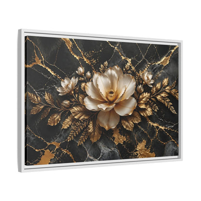 Side Mockup 10. Floral Magnolia Flower Black And Gold Floral shown as stretched canvas wall art