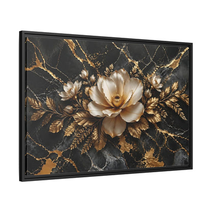 Side Mockup 13. Floral Magnolia Flower Black And Gold Floral shown as stretched canvas wall art