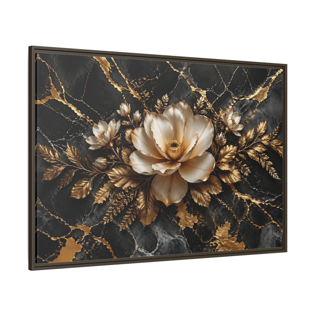 Side Mockup 8. Floral Magnolia Flower Black And Gold Floral shown as stretched canvas wall art