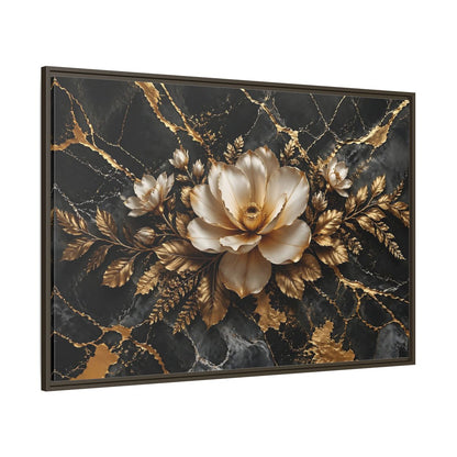 Side Mockup 8. Floral Magnolia Flower Black And Gold Floral shown as stretched canvas wall art