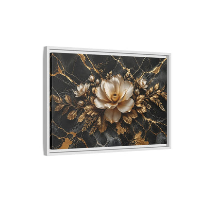 Side Mockup 1. Floral Magnolia Flower Black And Gold Floral shown as stretched canvas wall art