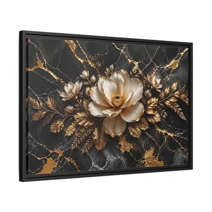 Side Mockup 14. Floral Magnolia Flower Black And Gold Floral shown as stretched canvas wall art
