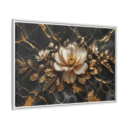 Side Mockup 9. Floral Magnolia Flower Black And Gold Floral shown as stretched canvas wall art