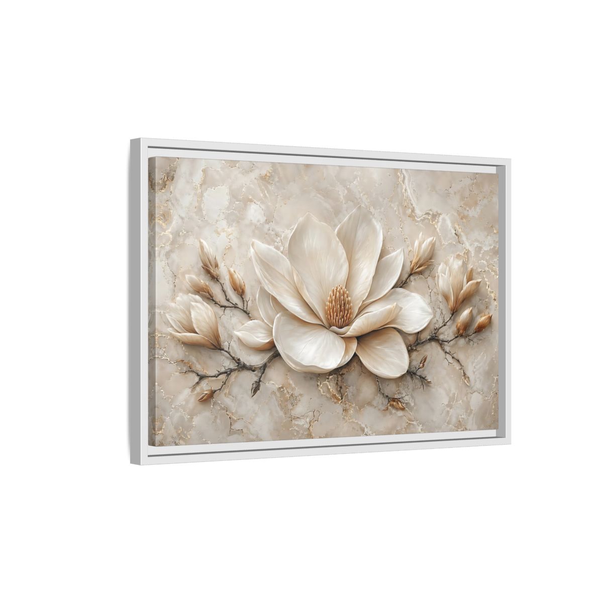 Side Mockup 1. Floral Magnolia Flower Cream Magnolia shown as stretched canvas wall art