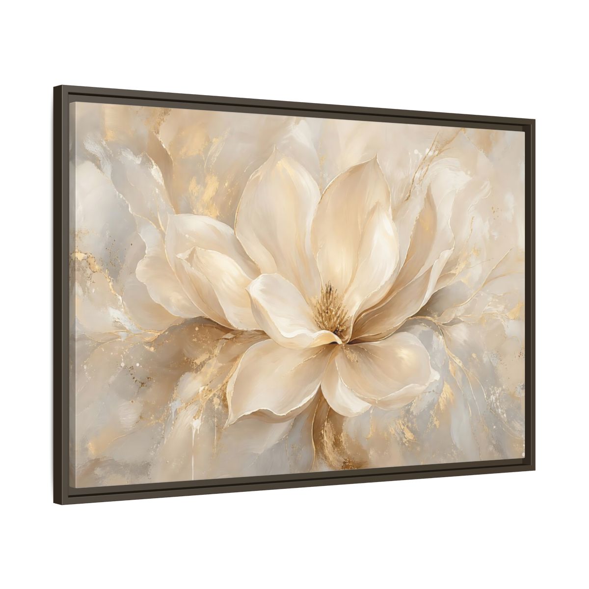 Main Mockup. Floral Magnolia Flower Cream Gold Floral shown as stretched canvas wall art