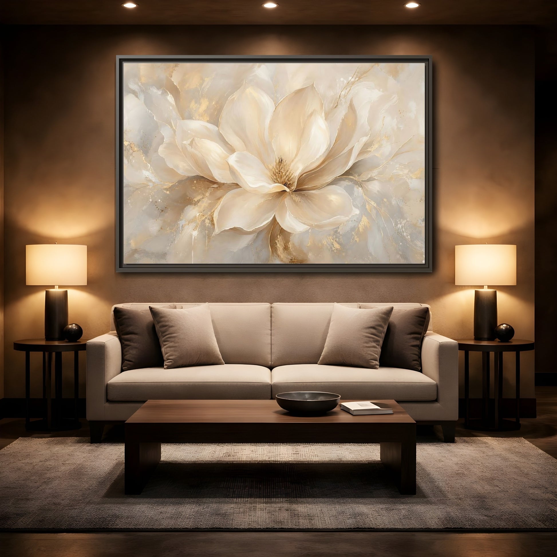 Mockup 2. Floral Magnolia Flower Cream Gold Floral shown as stretched canvas wall art