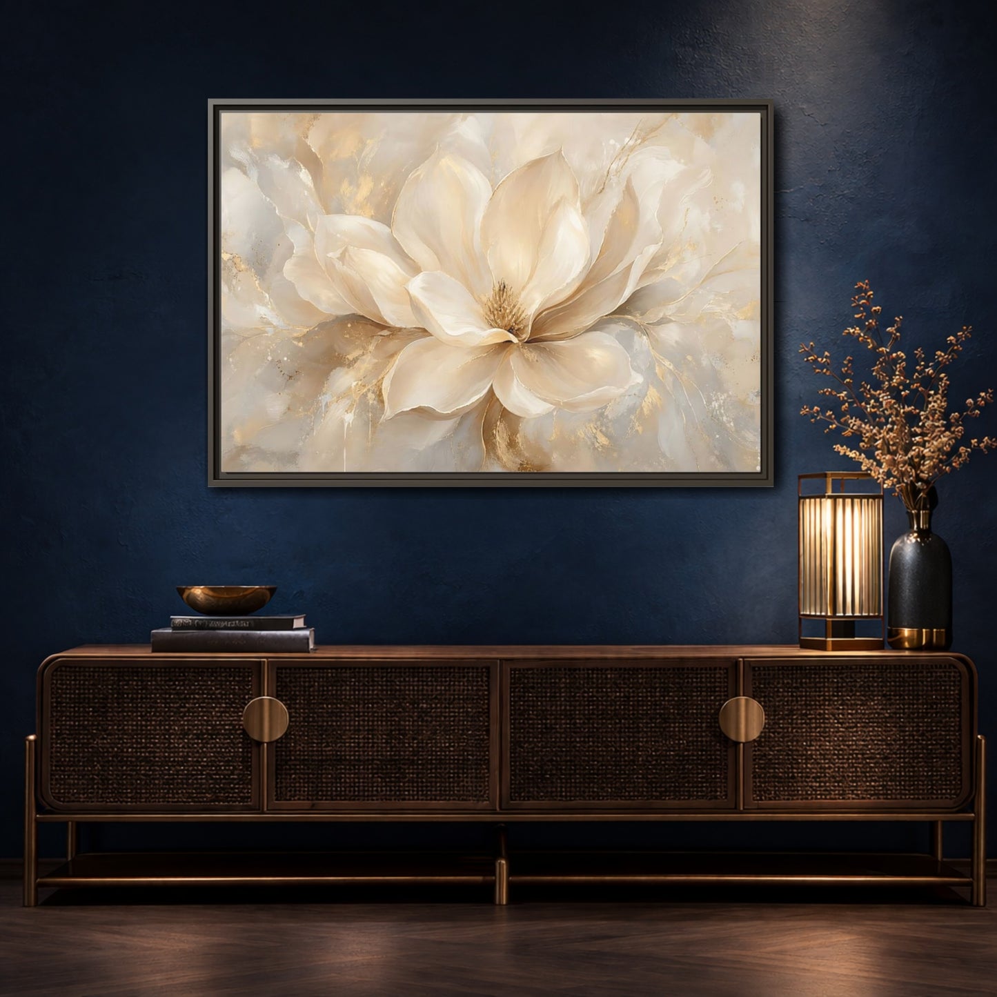 Mockup 4. Floral Magnolia Flower Cream Gold Floral shown as stretched canvas wall art